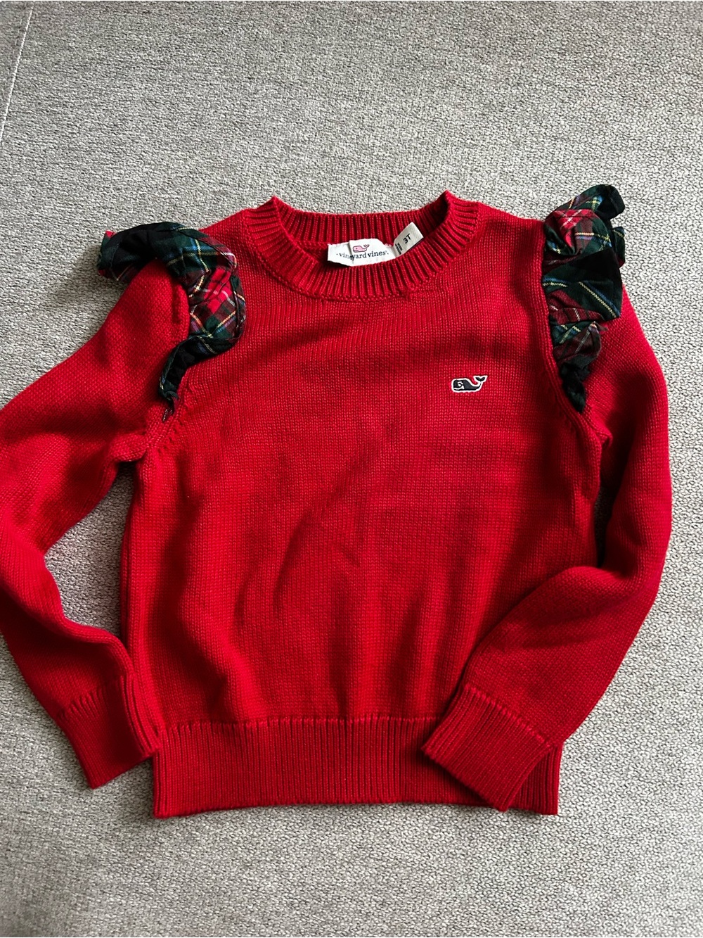 Vineyard Vines Red Sweater with Tartan Ruffle Shoulders